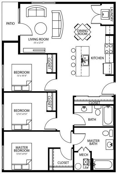 Floor plan for 3 beds, 2 baths, 1115 sqft